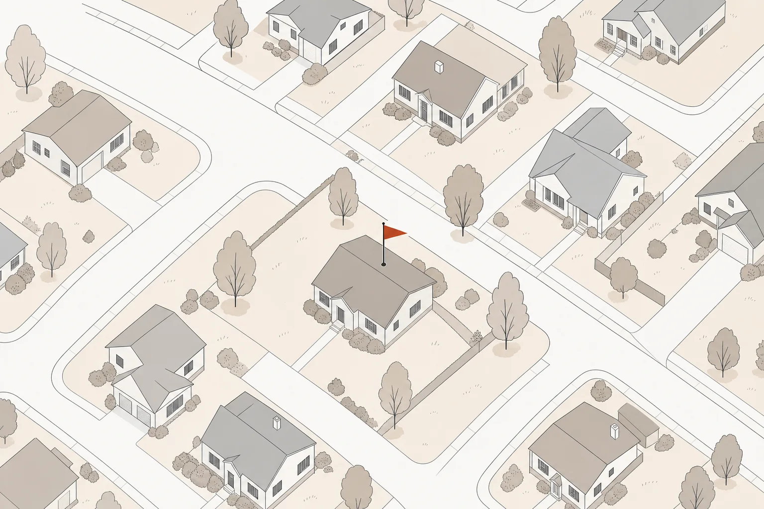 Sample Property Red Flags report — aerial neighborhood view with a flagged property