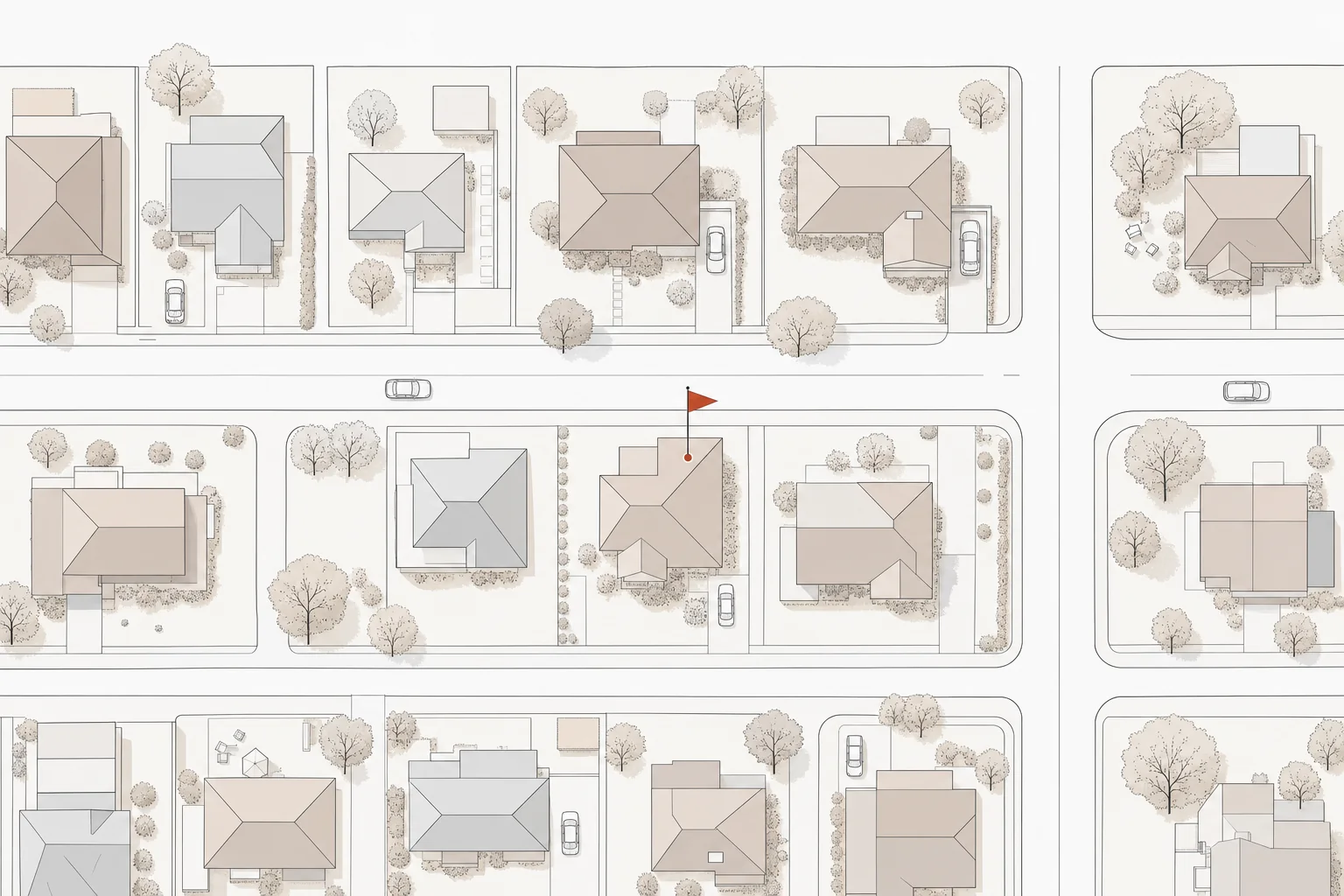 Stylized aerial plan of a neighborhood with one property flagged